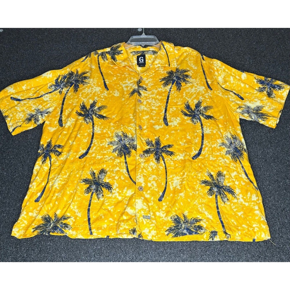 Vtg Guess Jeans‎ Hawaiian Shirt Mens 2XL Yellow Palm Trees EUC